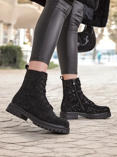 Royalfashion Damen Schnürstiefel mit Strass Russos