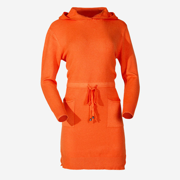 Orangefarbener Damen-Tunika-Pullover mit Kapuze - Kleidung
