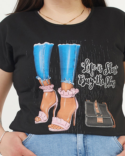 Schwarzes Damen-T-Shirt mit Aufdruck - Kleidung