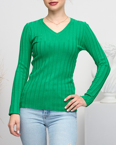 Grüner Damenpullover mit V-Ausschnitt - Kleidung