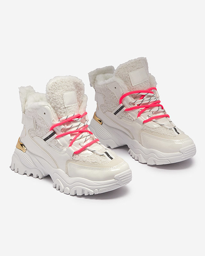 Weiße Damen-Sportschuhe mit Pelz und neonpinken Schnürsenkeln Sagglo- Footwear
