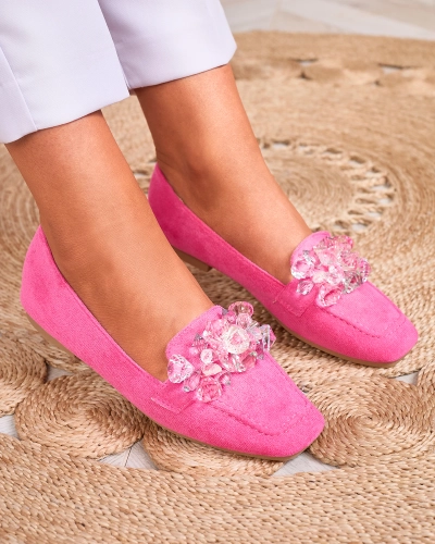 Royalfashion Neon pinke Damen Mokassins mit bunten Kristallen Setmika