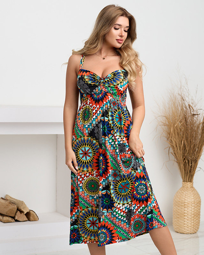 Orangefarbenes Midikleid mit buntem geometrischem Muster - Bekleidung