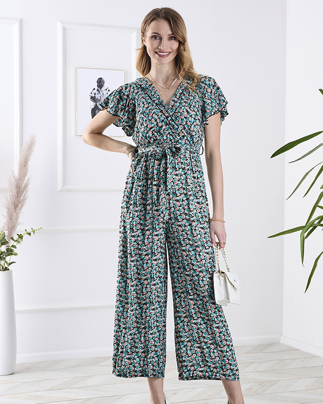 Schwarzer langer Damenoverall mit blauen Blumen - Kleidung