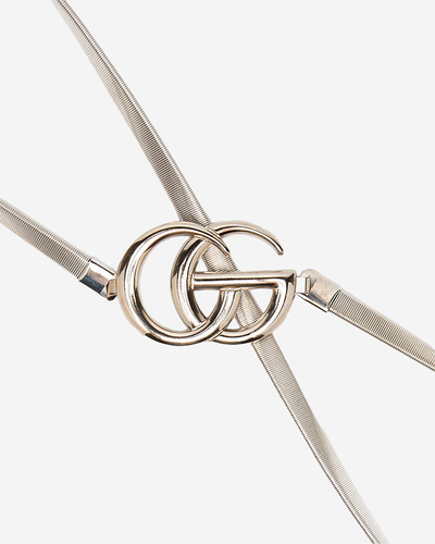 Сріблястий еластичний жіночий ремінь на застібці з буквами