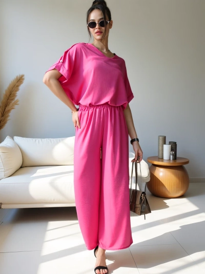 Royalfashion Damen Freizeitset mit einer Bluse mit kurzen Ärmeln und weiten Hosen