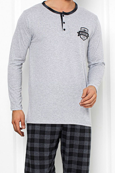 Royalfashion Hellgrauer Herrenschlafanzug mit karierter Hose