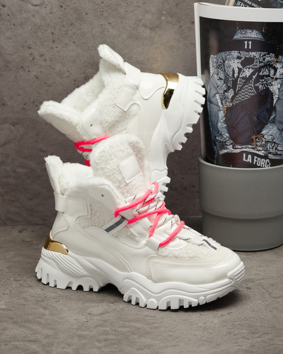 Weiße Damen-Sportschuhe mit Pelz und neonpinken Schnürsenkeln Sagglo- Footwear