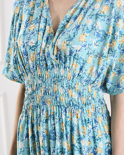 Blaues Damen-Midikleid mit Blumenmuster- Kleidung