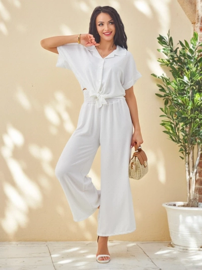 Royalfashion Damen Set mit einem gebundenen Kurzarmhemd und ausgestellten Hosen mit Strasssteinen
