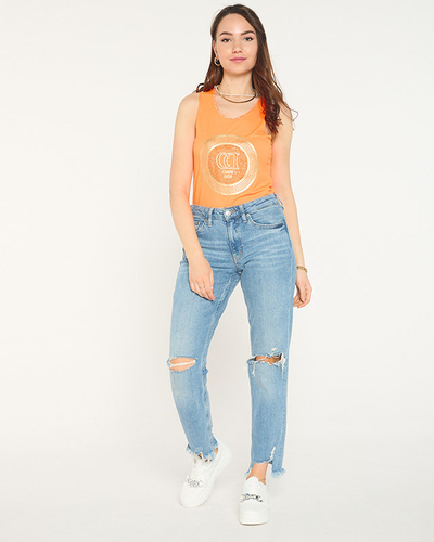 Neonorange Bluse mit Trägern mit Aufdruck und Zirkonia - Bekleidung