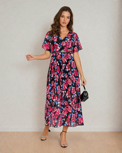 Royalfashion Damen plissiertes florales Midikleid