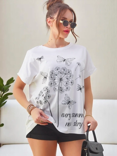 Royalfashion Damen Baumwoll-T-Shirt mit Löwenzahn und einem Schmetterling