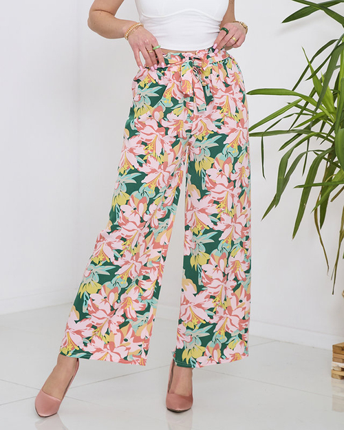 Grüne Damen-Palazzohose mit rosa Blumen - Kleidung