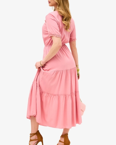 Rosa langes Damenkleid mit kurzen Ärmeln- Kleidung