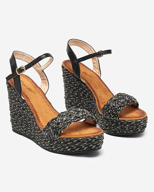 Жіночі чорні босоніжки із золотою ниткою на танкетці Carea-Shoes