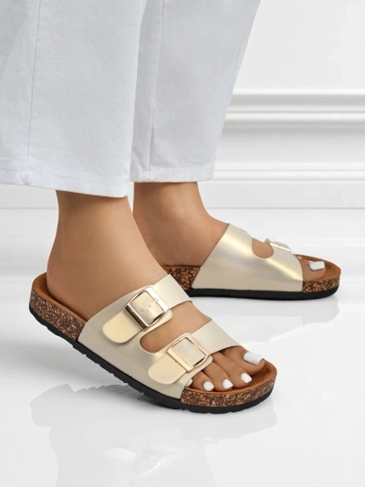 Damen Sandalen Royalfashion Aurelia gold – flache Pantoletten aus Öko-Leder (Größe 39)