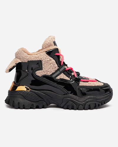 Schwarze Damen-Sportschuhe mit Pelz und neonpinken Schnürsenkeln Adbo- Footwear