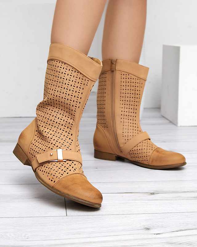 Kamelfarbene durchbrochene Stiefel mit flachem Absatz Weiluna - Footwear