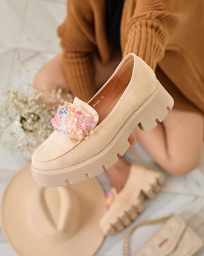Royalfashion Beige Damen Mokassins mit bunten Kristallen Crystal Glam