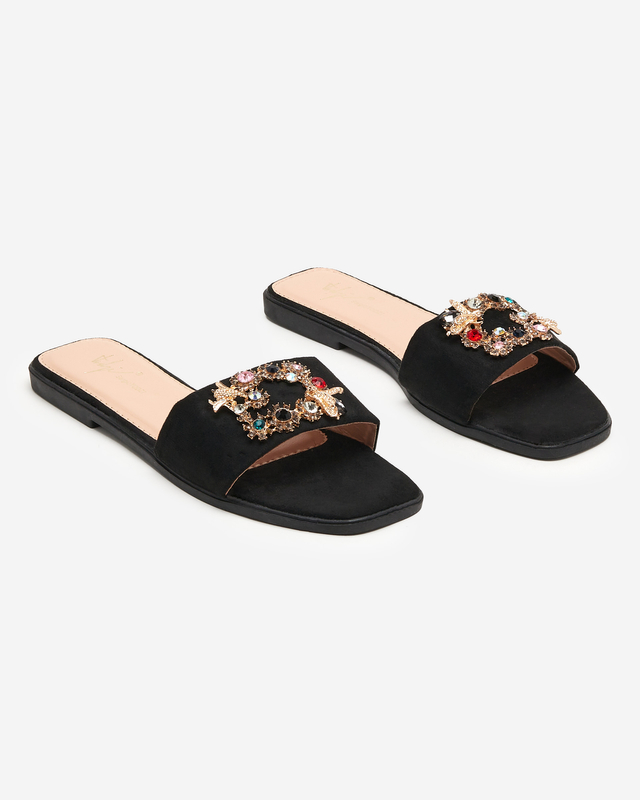 Schwarze Öko-Wildleder-Hausschuhe für Damen mit goldener Schnalle Komi- Footwear