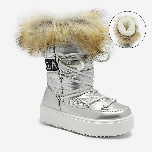 Silberne Kinder-Schlupfschuhe a'la Schneestiefel mit Fell Asika - Schuhe