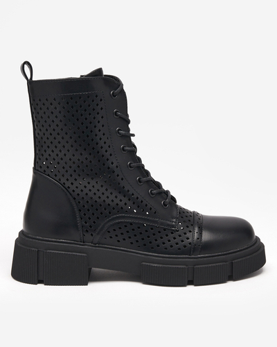 Schwarze durchbrochene Damenstiefeletten mit flachem Absatz Rolika - Footwear