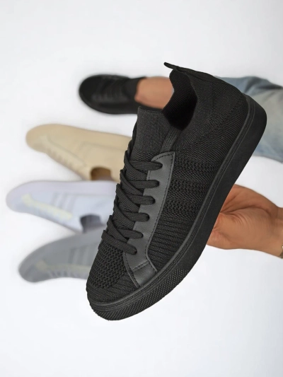 Damen-Sneakers Livia Nero - schwarze Stoff- und Öko-Leder-Turnschuhe mit flacher Sohle
