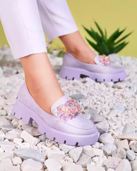 OUTLET Royalfashion Lila Damen Mokassins mit bunten Kristallen Crystal Glam