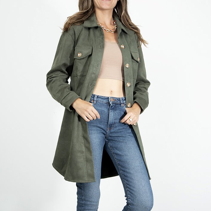 Dunkelgrüne Oversize-Hemdjacke aus Öko-Wildleder für Damen Kleidung