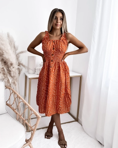 Knielanges Damenkleid mit Print in Orange- Kleidung