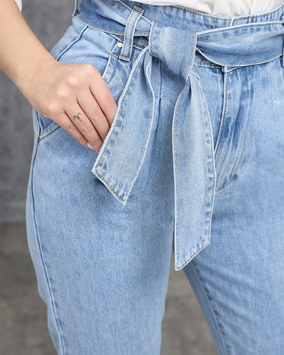 Blaue Mom-Jeans Paperbag mit hoher Taille - Kleidung