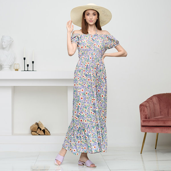 Langes grünes Sommerkleid für Damen mit lila Blumen - Kleidung