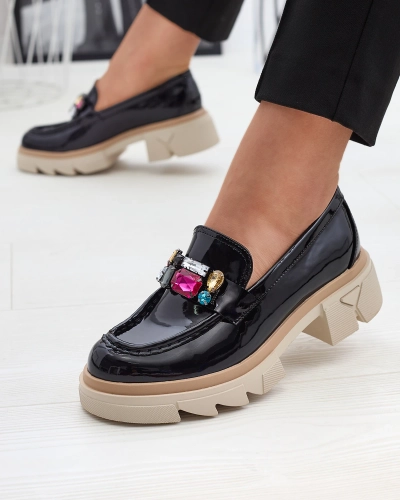 Schwarz lackierte Mokassins mit farbigen Steinen Sarix - Footwear