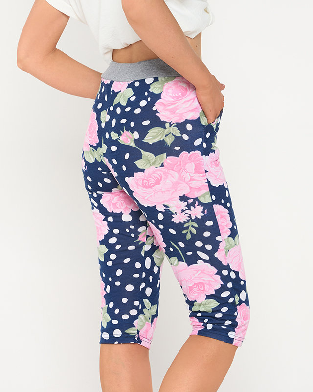 Marineblaue 3/4-Shorts für Damen mit rosa Blumen - Kleidung