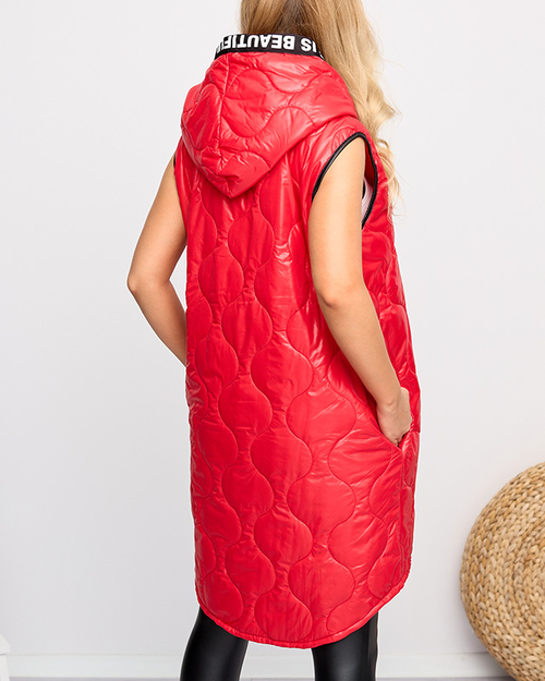 Червоний довгий стьобаний жилет з принтом