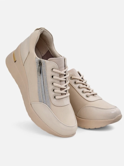 Damen-Sneakers mit Keilabsatz HeraBea beige aus Öko-Leder 6,5 cm mit Reißverschluss