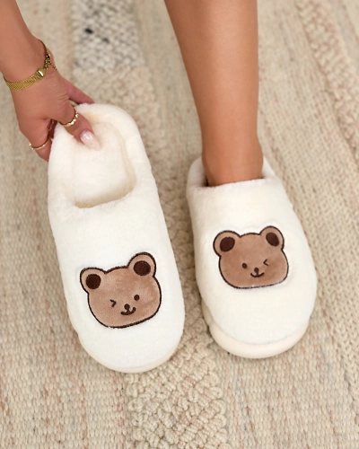 Royalfashion Weiße Damen-Pelzpantoffeln mit Teddybär Hettres