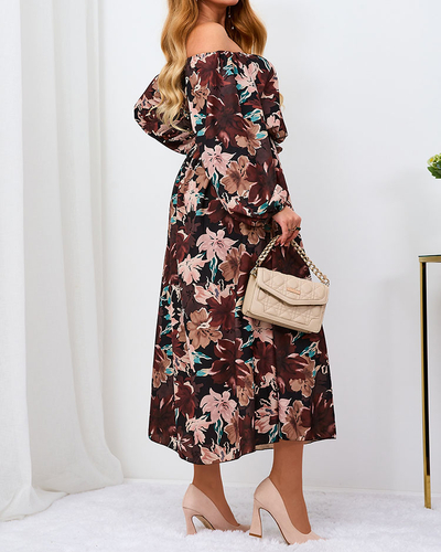 Royalfashion Schwarzes und braunes geblümtes Maxikleid für Damen