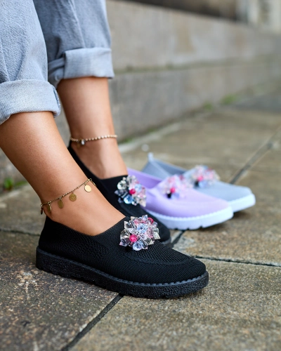 Royalfashion Schwarze Damen Stoffmokassins mit Kristallen Fezens