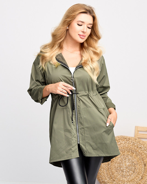 Жіноча темно-зелена довга вітрівка піджак із зав’язаним поясом – одяг