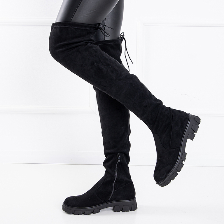 Flache Overknee-Stiefel aus schwarzem Wildleder Engi- Footwear