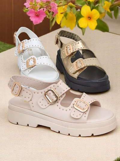 Royalfashion Damen Sandalen mit dicker Sohle und Strasssteinen Rocky Chic