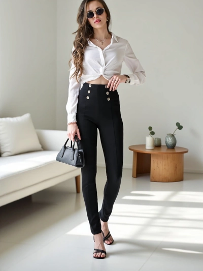 Royalfashion Damen Baumwoll-Treggings mit dekorativen Knöpfen