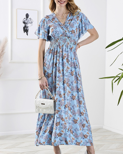 Blaues langes Kleid mit Blumenmuster - Kleidung