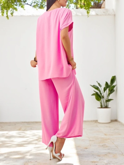 Royalfashion Damen Set mit kurzen Ärmeln und dekorativem Blumenmuster sowie weitem Hosen