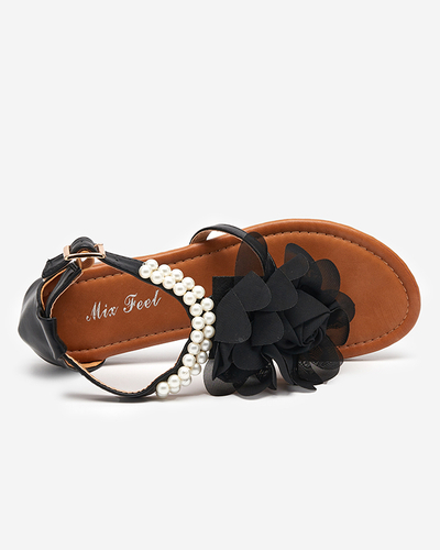 OUTLET Schwarze Damensandalen mit Perlen und Stoffblume Amerile - Schuhe