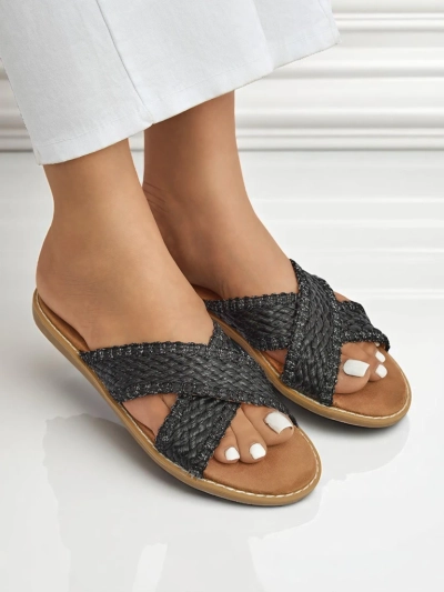 Damen-Sandalen Calista Nero flach, schwarzes Geflecht, Öko-Leder