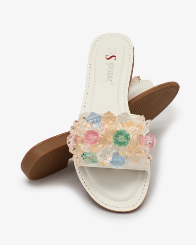 Royalfashion Weiße Damen Flip-Flops mit bunten Kristallen Bling Breeze