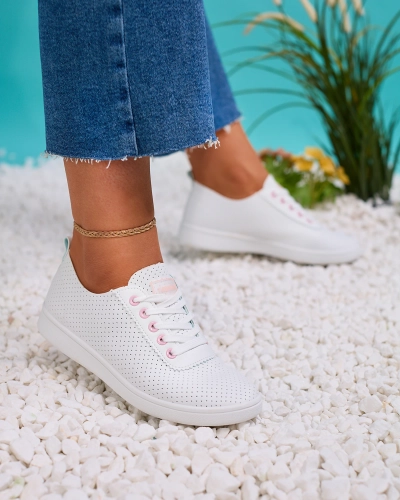 Royalfashion Weiße durchbrochene Damen-Sneaker mit rosa Einsätzen Akeria